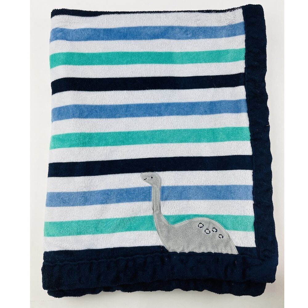 Carters Child Of Mine Navy Blue Green White Striped Dinosaur Dino Baby Blanket